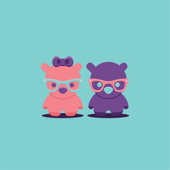 two funny and beautiful animals with glasses and attractive colors