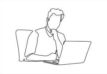 Man working on laptop, continuous line drawing