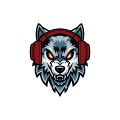 Fierce Wolf Head Mascot Logo with Headphones and Fiery Eyes