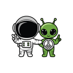 Cute Cartoon Astronaut and Alien Characters with Peace Symbol and Friendly Gesture