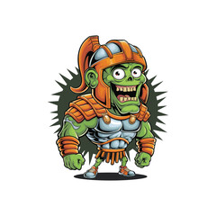 Funny Green Zombie Gladiator Cartoon Character in Roman Armor