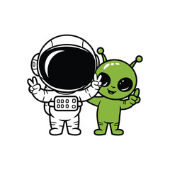 Cute Cartoon Astronaut and Alien Characters Making Peace Signs