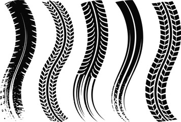 Collection of Five Different Black Tire Tracks on a White Background Isolated