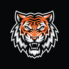 Fierce Tiger Head Mascot Logo with Bold Lines on Black Background