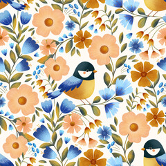 Seamless pattern Chickadee birds on flowers