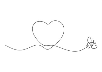 Heart and Bee One Line Drawing.  line icon-continuous line drawing. Editable stroke.