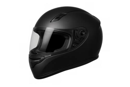 Studio shot of a closed black motorcycle helmet isolated on transparent background, offering safety and protection for riders