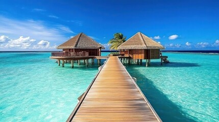 Tropical overwater bungalows on a wooden pier.