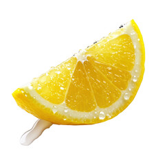 A juicy lemon wedge with droplets and dripping juice