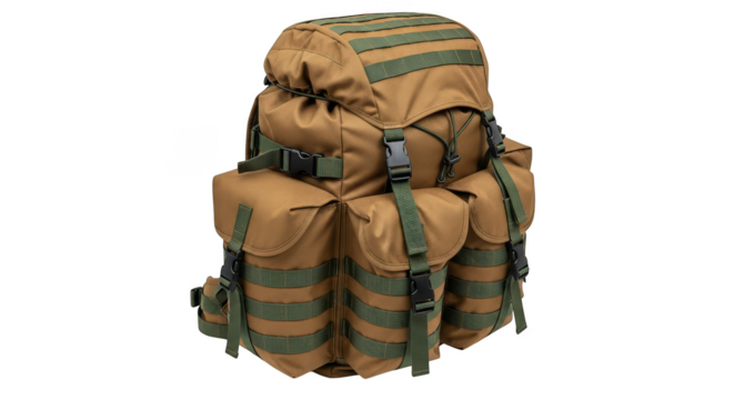 Tan backpack with green straps and multiple pockets