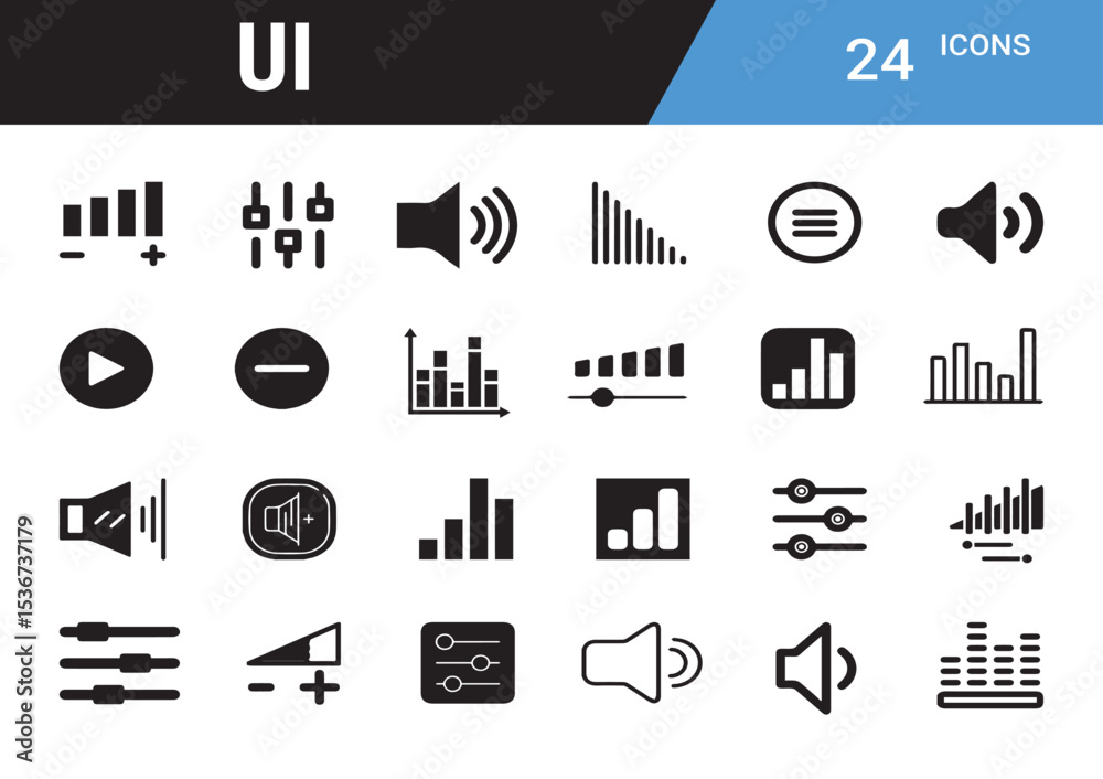 Fototapete UI Icons: A comprehensive set of user interface icons, designed for easy integration into various digital applications, offering a range of symbols for common functionalities like volume, playback.