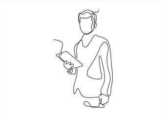 Man holding a tablet in one continuous line.  line icon-continuous line drawing. Editable stroke.