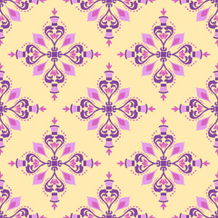 Ikat seamless pattern with decorative elements in pink and yellow colors. Design for wallpaper, pattern fills, backgrounds, and surface textures.