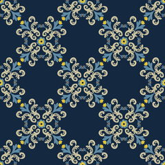 Oriental vector damask pattern. Ikat pattern. Talavera pottery. Azulejos, Portugal. Turkish ornament. Spanish porcelain. Ceramic tableware, folk print. Ethnic background. Mediterranean wallpaper. 