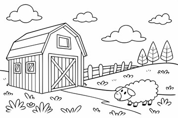 kids coloring page of a simple farm landscape, a red barn with a large open door, a wooden fence, and a fluffy sheep grazing in a field of grass, a few puffy clouds in the sky, bold outlines, cartoon 