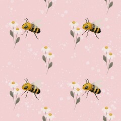 Cute bee and daisy seamless pattern on pink