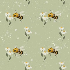 Seamless bee and daisy pattern on olive green background