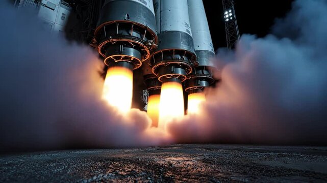Rocket Launch Ignition with Powerful Engine Flames and Smoke Emission from Rocket Nozzles at Pad