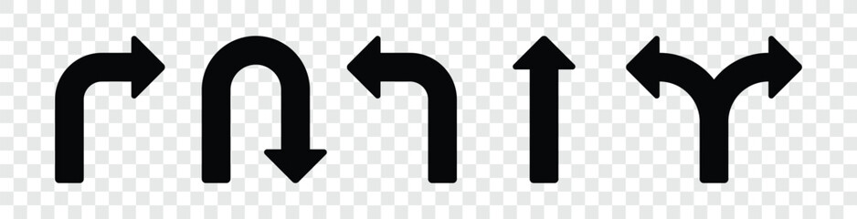 The image shows an arrangement of simple, solid black arrows illustrating various directional options. These include turns, straight paths, U-turns, and bifurcations.