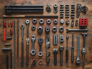 set of old tools on wood background, set of tools