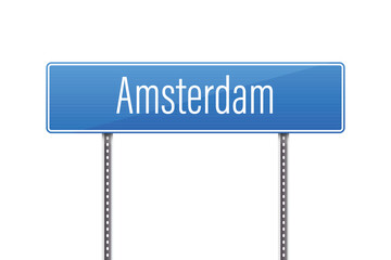 A vibrant blue sign with white lettering indicates 'Amsterdam,' standing against a clean, white background. This directional sign is perched atop metal poles.