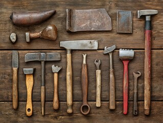 old rusty tools, set of old tools on wood background, set of tools