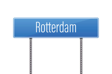 A blue city limits sign that reads "Rotterdam" in white text. The sign is mounted on two metal poles against a stark white background, indicating a clear, bright day.