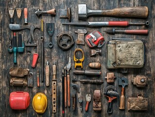 set of old rusty tools on wooden background, set of tools 