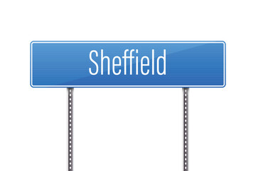 A roadside blue Sheffield sign displays the town name, offering direction for travelers. The sign is mounted on a pole against a plain white background. Modern design.