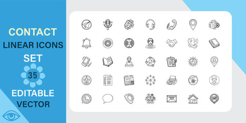 A set of 35 editable vector linear icons related to contact information, communication, and support. Ideal for websites and applications.