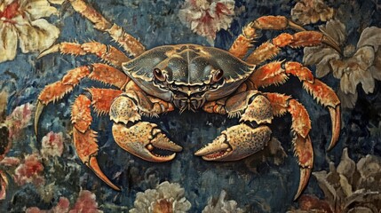A Detailed Illustration Depicts A Crab With Floral Background
