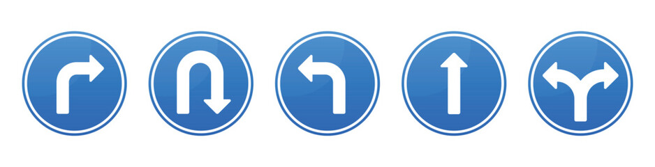 A collection of five circular road signs, each with a blue background and white arrow indicating different directions: right, U-turn, left, straight ahead, and a fork in the road. © Dave