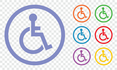 The image shows several disability access symbols, each depicting a person in a wheelchair inside a circle. These symbols are displayed in various colors.