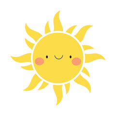 A cartoon-style image of a bright yellow sun with a happy face. The sun features a simple, smiling mouth and rosy cheeks, emanating positive energy and warmth.