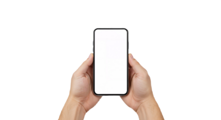 Hands Holding Sleek Smartphone with Minimalist Design Against White Background.