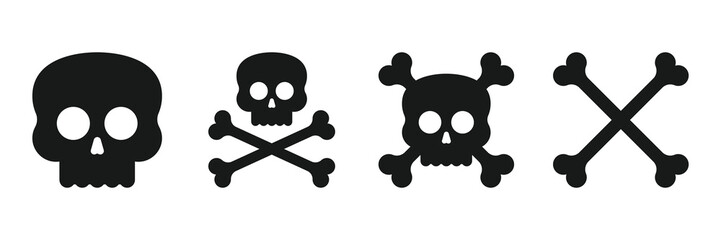 A collection of four stylized skull and crossbones icons presented in silhouette against a plain white background. Varied designs, from simplified to intricate.