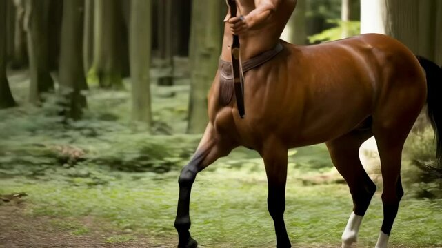 A mythical male centaur, half man and half horse, aiming a bow and arrow during a hunt in a forest setting, footage.