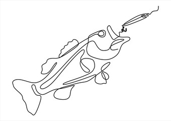 Line Art of a Fish Catching a Fishing Lure.  line icon-continuous line drawing. Editable stroke.