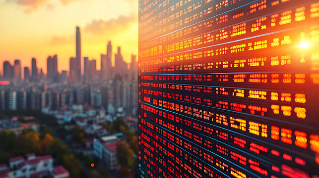 Dynamic stock market data display against a vibrant sunset cityscape backdrop.  Perfect for illustrating finance, technology, and global business concepts.