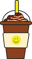 Cute Flat Vector of Iced Chocolate Drink with Whipped Cream and Smiley Cup Label for Menu, Branding, and Café Design
