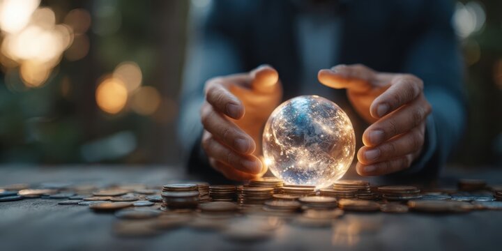 Businessman Planning Cost Savings Strategy with Globe and Coins - Powered by Adobe