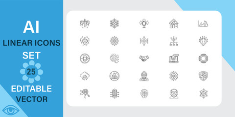 Twenty five editable AI linear icons. Vector graphics depicting technology, data, finance, and security concepts. Clean, modern design.