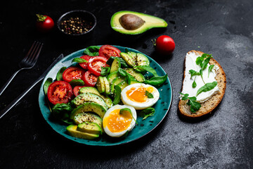 Healthy Breakfast with Avocado, Egg, and Tomato on a Plate