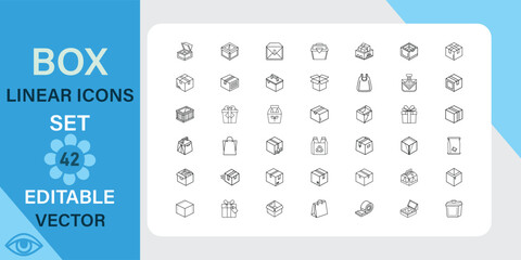 A set of 42 isometric linear icons depicting various types of boxes, packages, and cartons. Editable vector format, ideal for delivery, shipping, and logistics designs.
