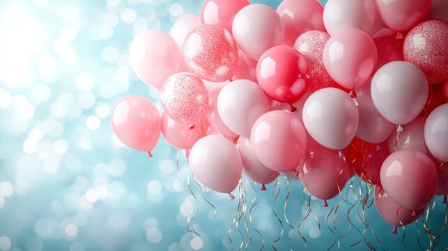 Cluster of pink and red balloons floating against a blurred bokeh backdrop - Powered by Adobe