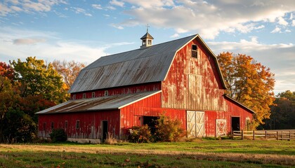 Picturesque red barn with steep roof framed in vintage style and weathered hues