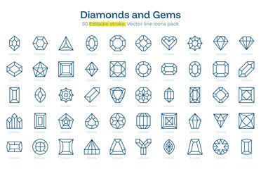Diamonds and Gems line icon pack. Diamonds and Gems Stroke icon set. Editable Stroke icon