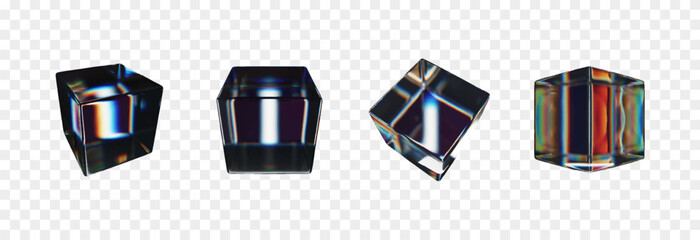 Vector set of 3D cubes with dispersion effect png. Glass cube from different sides png. Dispersion effect.