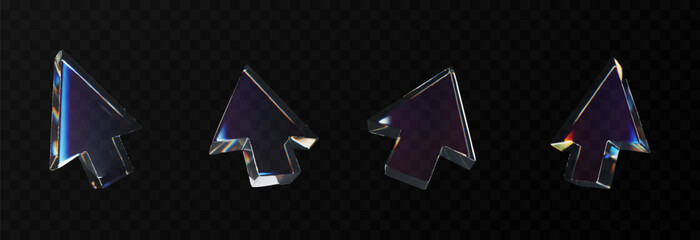 Vector set of 3D arrows with dispersion effect png. Glass arrow or cursor from different sides png. Dispersion effect.