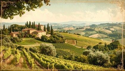 Naklejka premium Picturesque vineyard with a stunning view of a house in vintage poster style artwork